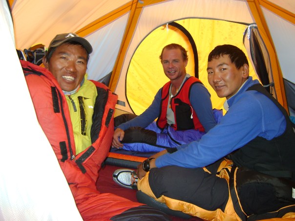 Ngima Sherpa(on left) with his customary smile, Kaji Sherpa and I share a tent at the North Col, 7000m on Everest's North Ridge