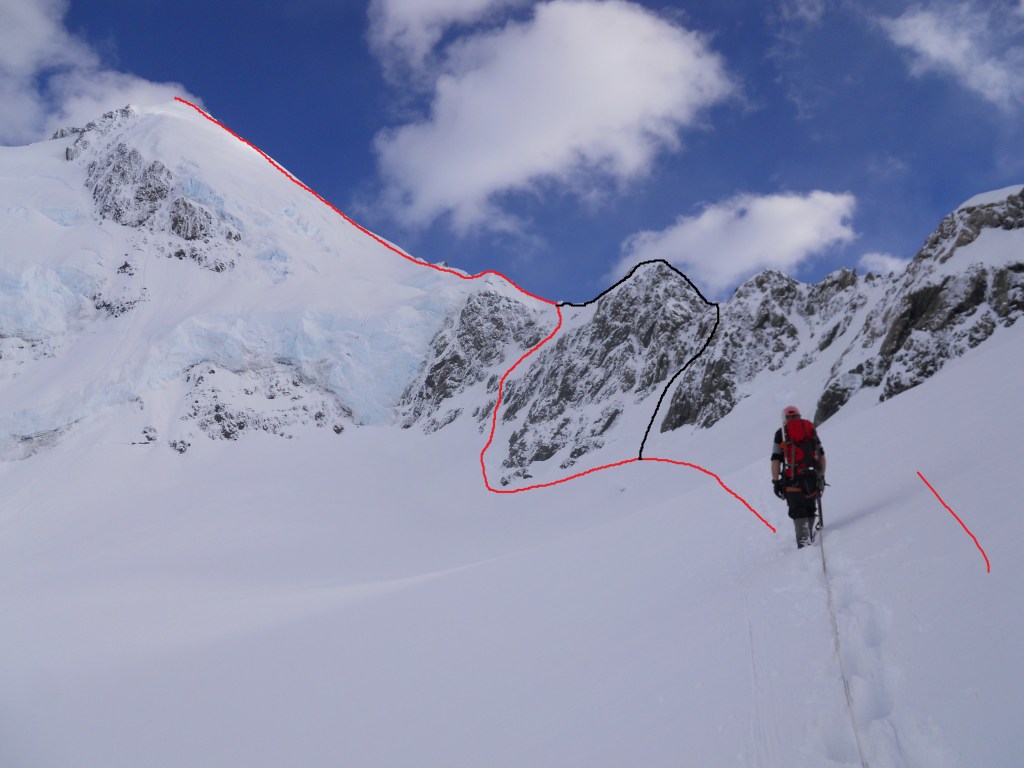 Our ascent route in red, descent in black. (Photo: Alan Silva)