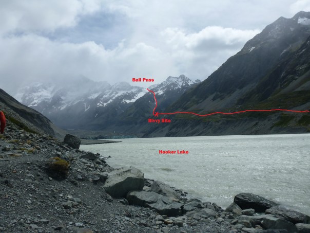 The Ball Pass route up the east of the Hooker glacier. This photo taken from the west side of the Hooker glacier.