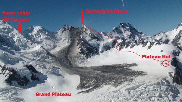 Image taken by helicopter by Alpine guides. The red line shows our ascent route up Mt Dixon.  Clearly evident is the ridge line on Mt Dixon where the landslide started. Plateau hut is circled in red.  To give a sense of scale, the horizontal distance from the bottom of the ridge to where the landslide ended is 3km.