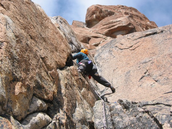 Climbing the 1st pitch of  Aguja Frey