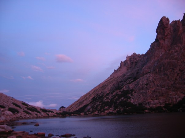 Refugio Frey across Lake Frey.  Aguja Frey is the buttress on the right that we climbed.