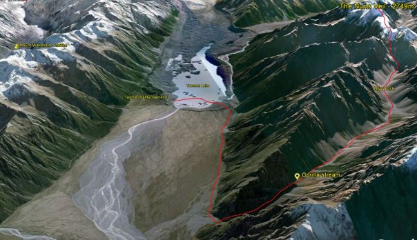 The route up the Nun's Veil in 3D. Click the image to enlarge.