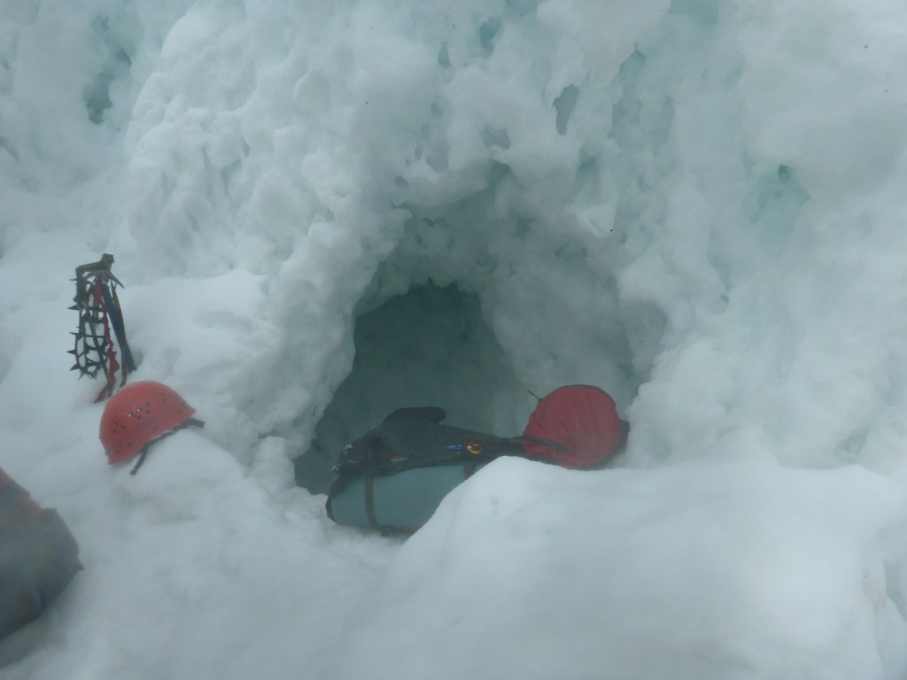 The snow cave. A welcome if not wet escape from some rough weather for the night.