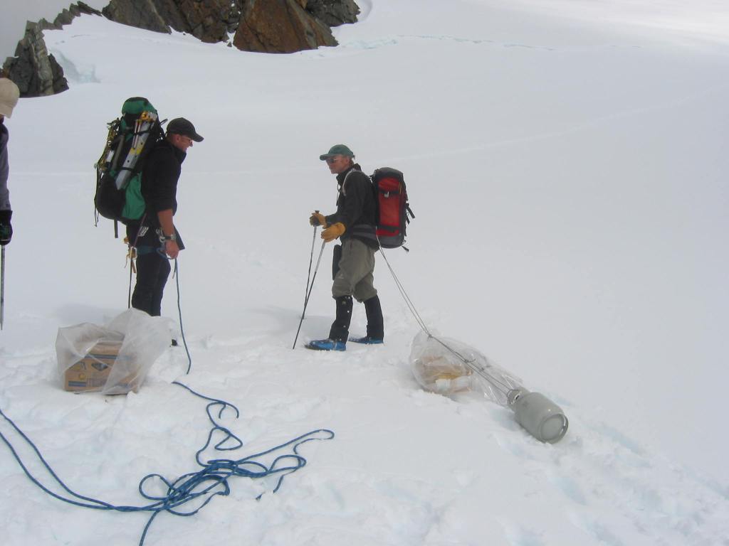 Hauling our food from the chopper landing site on the Tasman glacier up to the Kelman hut in plastic bags.