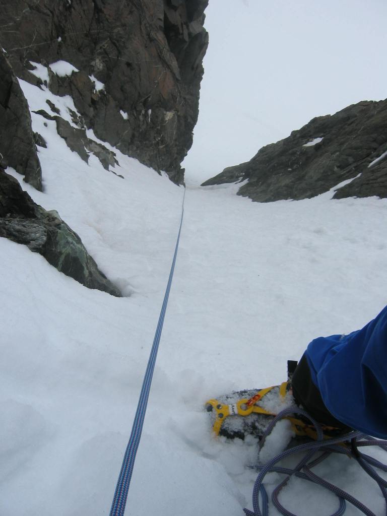 Looking down the snow couloir on 9144