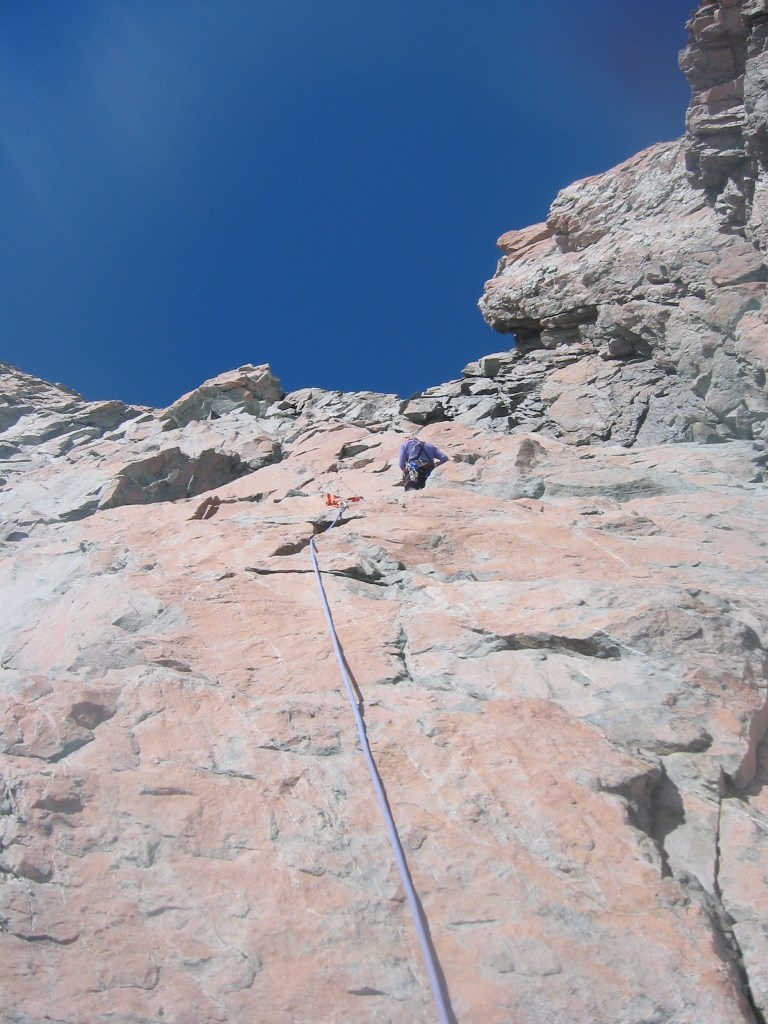 Vanessa Wills leads up the Red Buttress on 9144