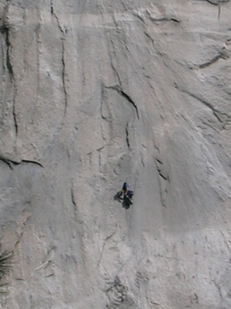 A super zoomed in shot of some climbers high on the wall on El Cap. Photo taken from the valley floor.