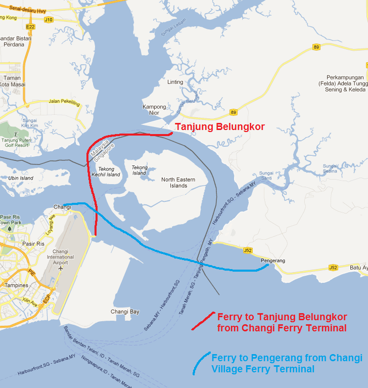 Map showing the two ferry options to get to south east peninsula Malaysia