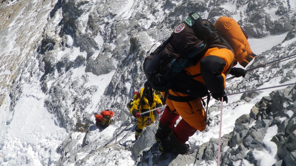 Descending the exit cracks on the North East Ridge