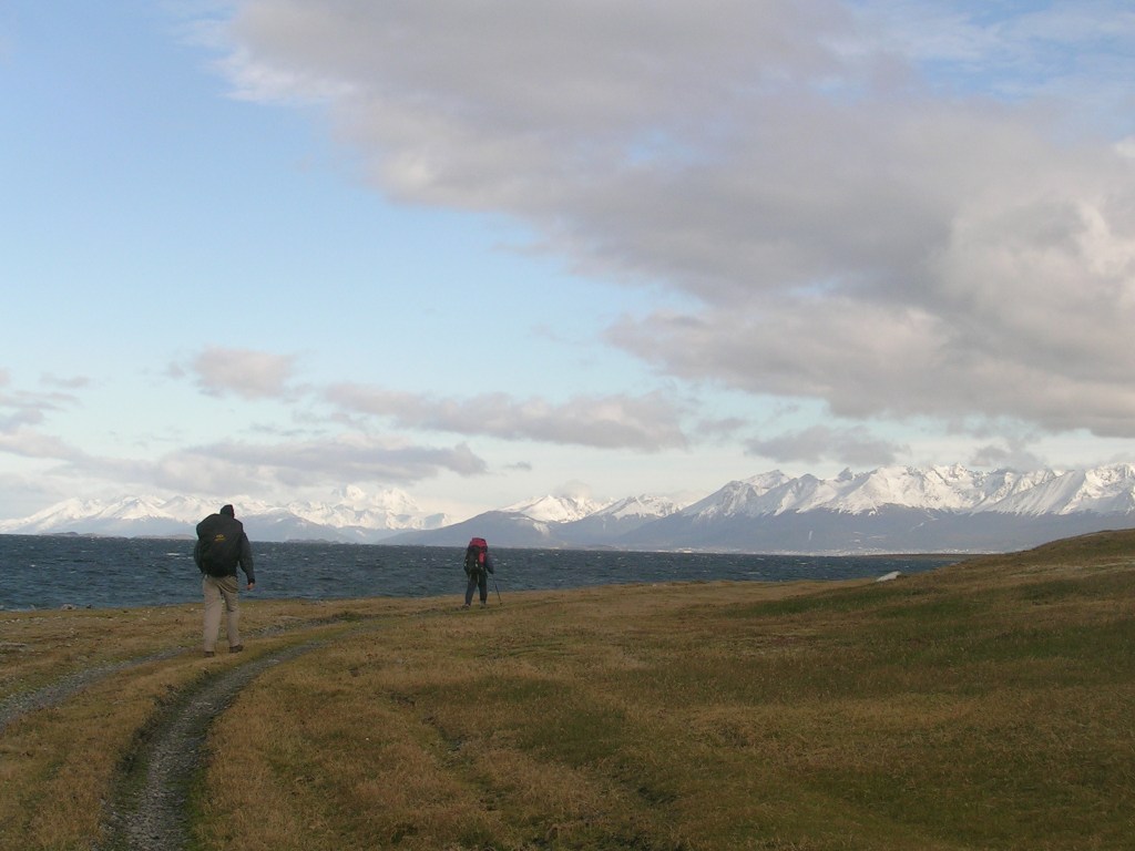 Setting off along the trail, the Beagle Channel on one side and the snowy mountains of Tiera del Fuego rising above Ushuaia on the right.