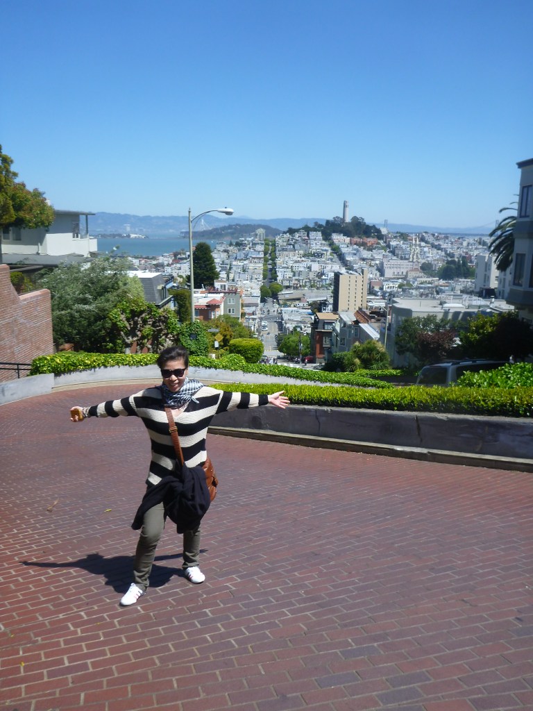 Stephanie on top of the famous Lombard Street - said to be the second most crooked street in the world (behind Wall Street - get it?)