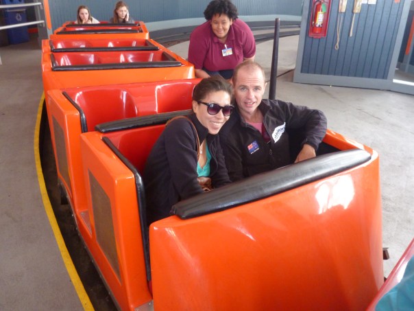 In the Giant Dipper - with a cheeky monkey behind us. It may be the 4th oldest roller coaster in the USA and made of wood but it still scared the shit out of me.