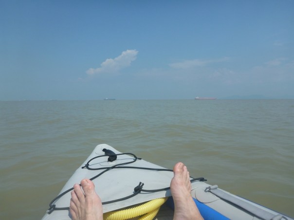 Looking out into the Malacca Strait at some huge cargo vessels.