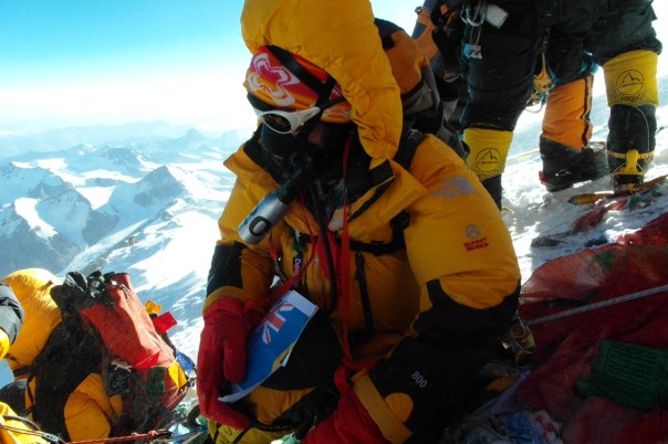 Margaret Watroba victorious on the summit of Everest for the second time after climbing the North Ridge/North Col route.