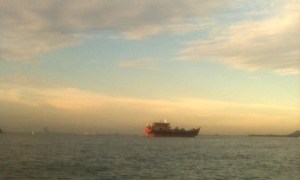 Paddling across the Johor Strait.