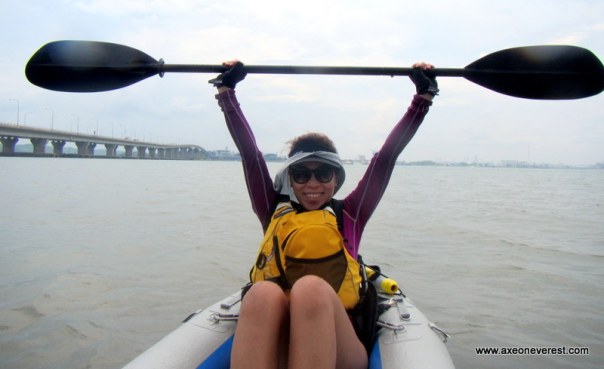 Stephanie celebrating the 1st 8km of the trip after crossing under the 2nd link.