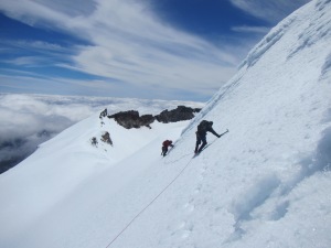 Descending the very hard icy traverse to access the crater rim