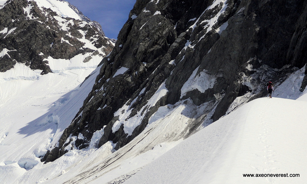 Grant Rawlinson just visible on centre right about to cross under the Anzac peaks on avalanche and rock fall threatened slopes.