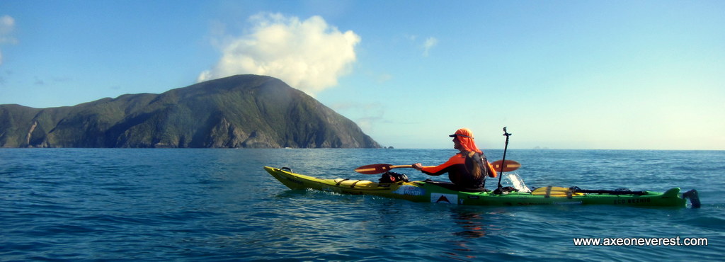 Tim Taylor approaching Arapawa Island after paddling the Cook Strait.