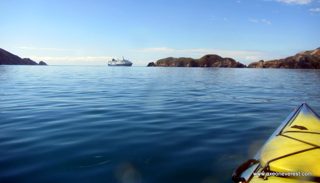 A ferry enters the Tory channel as seen from Arapawa Island.
