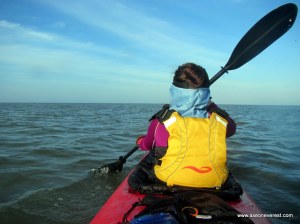 Under way. Pulau Pisang still looks a long long way away. Stephanie's first open water kayaking trip and she was amazed how long it took to get to the Island.
