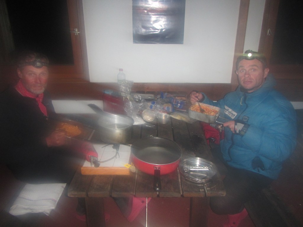Wet but finally there! A delicious dinner of pasta in the hut