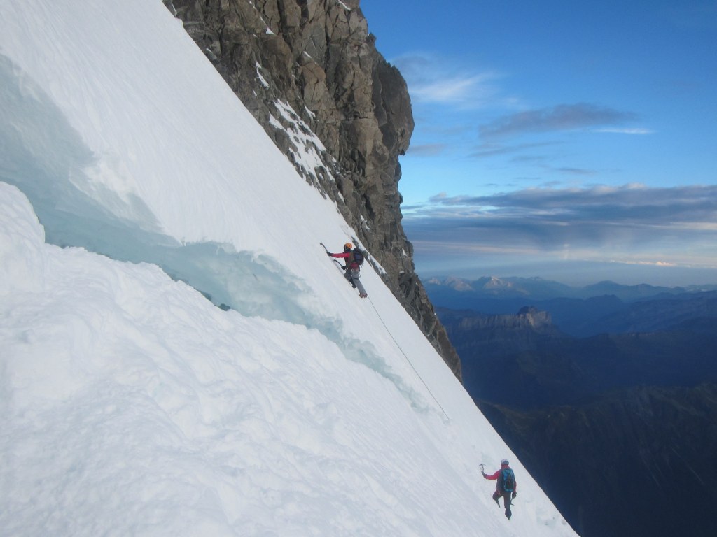 Climbing the steepest part of the route - the final pitch to the col on Mt Maudit 