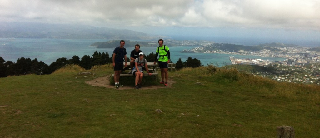 A happy Dave (right side of photo in green) after completing the Skyline Run Wellington Dec 2014.
